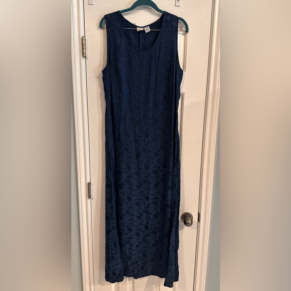 Vintage Navy Sleeveless Floral Embroidered Slip Maxi Dress XL Y2K 2000s Coastal